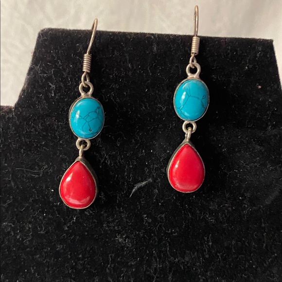 Turquoise & Red Bezel Set Statement Necklace and Earrings 925 Bali India Turkey - Picture 3 of 9